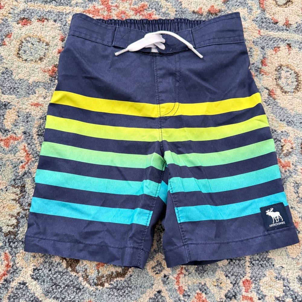 Abercrombie Swim Trunks Boys 5/6 Navy Striped Neon Surf Coastal EUC